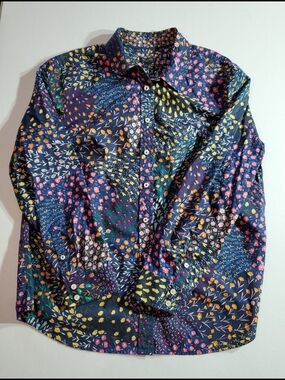 Talbots L Petite Navy Button-Down Shirt with Multicolored Flowers